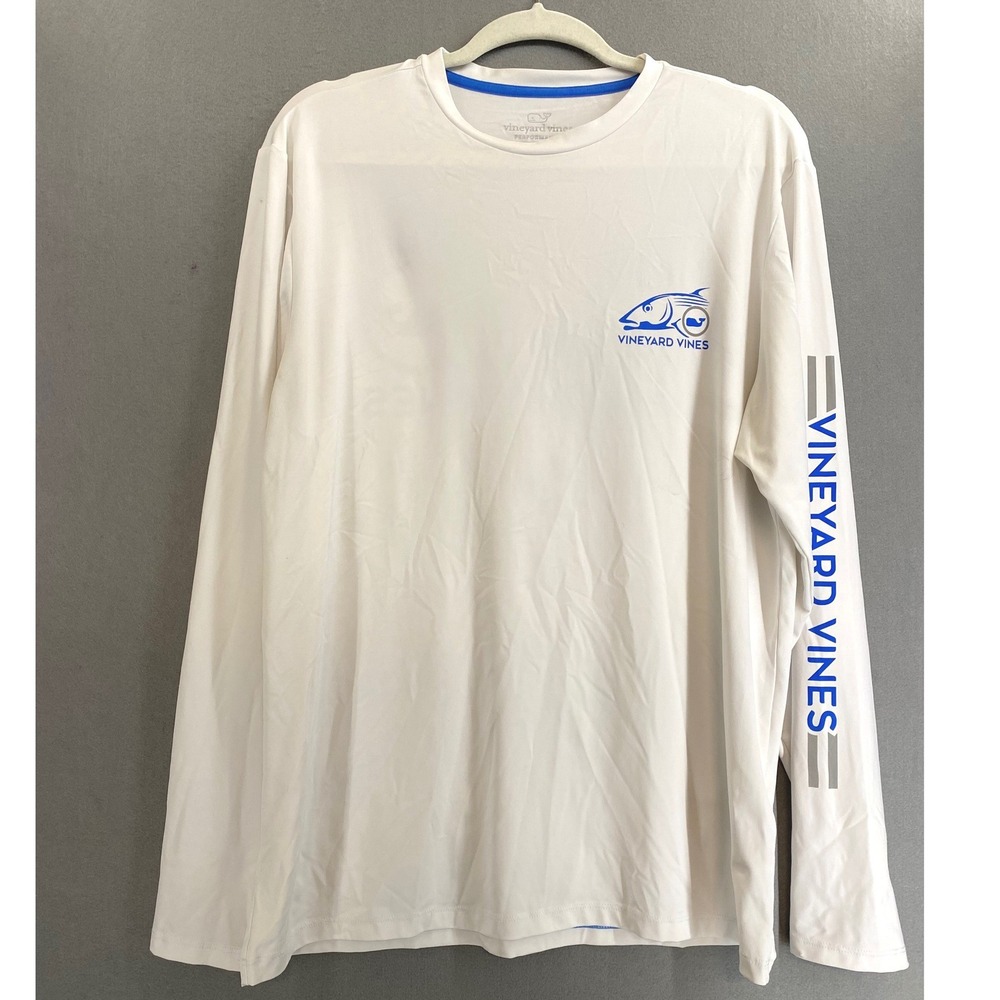 Vineyard Vines Mens MED Performance Long Sleeve Shirt White Blue Tuna Sailing